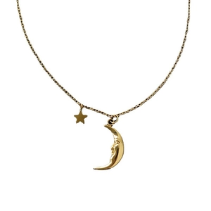 Retro crescent moon with face and star pendant necklace in 18K gold plated titanium steel