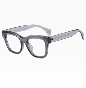 Detailed side view of grey transparent square sunglasses with rivets and frame model ZN3188