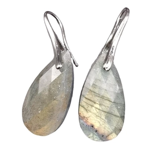 Elegant teardrop labradorite earrings with silver hooks featuring iridescent gemstones