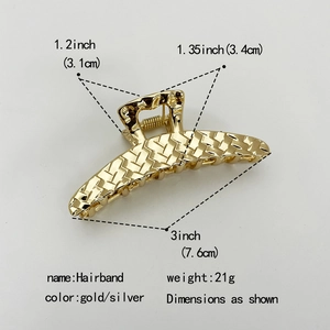 Large woven metal hair claw clip in gold finish with product dimensions and specs