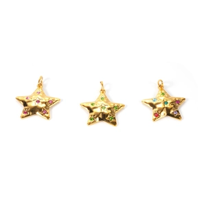Three gold stainless steel star pendants set with colorful zircon stones on white background