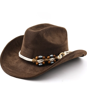 Western Cowboy Hat Faux Suede Wide Brim Ethnic Beads Shell Decor Bohemian Travel Outdoor Sunshade For Women Men