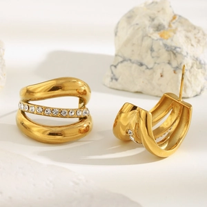 Chic 18K gold plated stainless steel C-shaped earrings with small diamonds on white stone