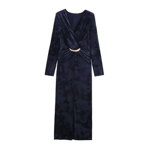 Elegante Abito Lungo In Velluto Blu Navy Scollo A V Profondo Maniche Lunghe Spacco Alto Vestibilità Aderente Festa