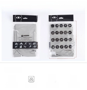 Outdoor cycling mask packaging details with size dimensions and washing instructions