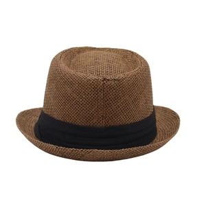 Detail of dark brown woven fedora hat featuring a wide black ribbon and textured straw finish