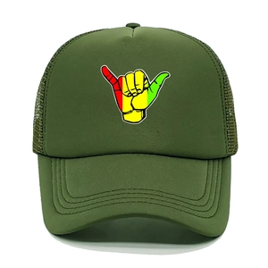 Detailed front view of green trucker hat with breathable mesh and shaka sign print