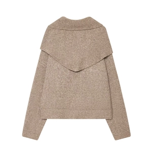 Minimalist light brown knit sweater featuring an elegant shawl collar design on white background