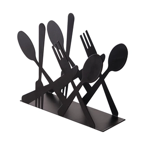 Modern black iron napkin holder featuring cutlery silhouette design for tabletop decoration
