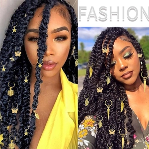 Gold DIY hair rings with assorted star and leaf pendants for decorative braid hairstyles