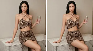 Sexy Leopard Print Lingerie Halter Neck Top And Drawstring Ruched Mini Skirt Clubwear Costume For Women