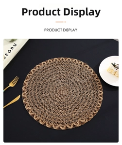 Macro detail of round braided table mat with brown spiral weave and wavy edge texture