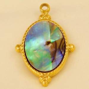 Close-up of golden oval 304 stainless steel necklace pendant with iridescent abalone shell
