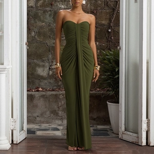 Ruched Bandeau Maxi Dress Polyester Spandex Backless Bodycon Slim Fit Sleeveless High Waist Party Evening Clubwear Sexy