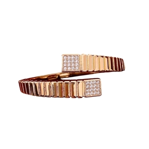 Rose gold square open ring with vertical pleated texture and sparkling zircon accents