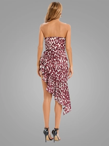 Back view of leopard print tube dress with asymmetrical ruffles and backless detail