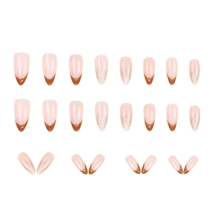 Mocha brown French almond press-on nails with glitter gradient finish, 24 piece set