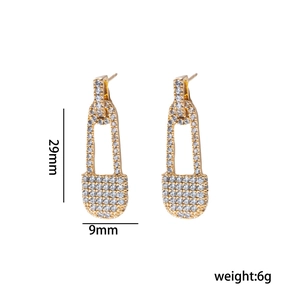 Gold safety pin earrings with cubic zirconia, size 29mm by 9mm, weight 6g for women