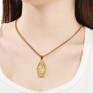 Golden stainless steel box chain necklace with Our Lady of Guadalupe relief pendant