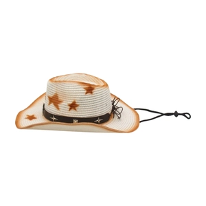 Detail of cowboy straw hat with star print, leather band, and silver star rivets