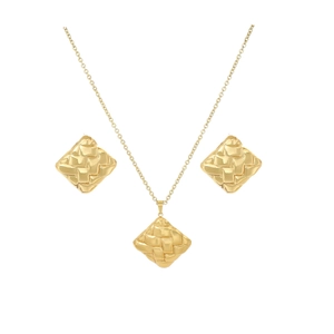 Detailed view of golden jewelry set with square woven texture necklace and earrings