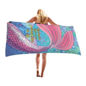 Absorbent quick-dry beach towel with mermaid tail scales and Be a Mermaid typography