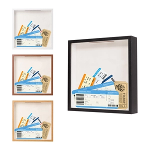Detail of wooden shadow box frames in four colors for travel tickets and mementos
