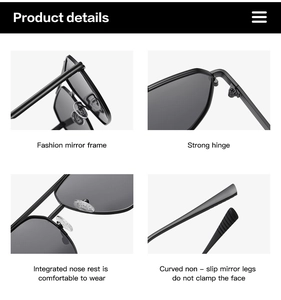 Detail view of polarized sunglasses showing strong hinges and comfortable nose pads
