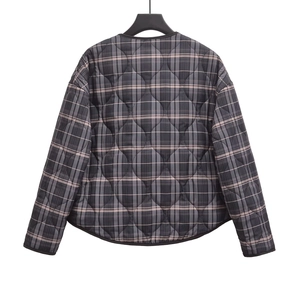 Quilted gray and pink plaid jacket with round neck and drop shoulders from the back view