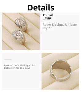 Detail view of vintage portrait relief ring with polished PVD silver plating on band