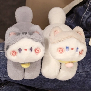Cute kitten plush slap bracelet toy in grey and beige with bells and embroidery