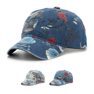 Baseball Cap Denim Style Floral Print Sun Protection Outdoor Casual Adjustable Strap Hat For Women Fashion Retro