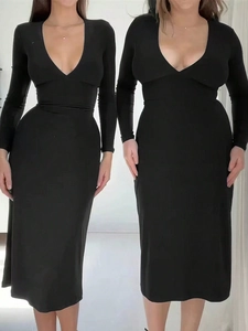 Elegant black V-neck long sleeve midi dress showing inclusive fit for all body types