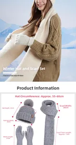 Detailed size specifications for winter knit hat, long scarf, and touchscreen gloves set