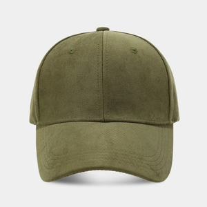 Close-up of army green cotton baseball cap showing twill texture and stitching