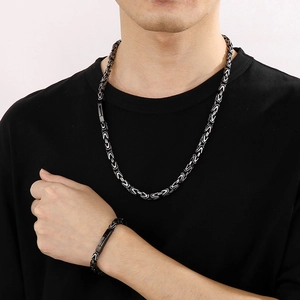 Ensemble collier et bracelet byzantins pour hommes de 6mm en acier noir et argenté