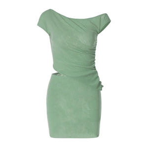 Grass green slim fit asymmetric mini dress with side ruching and waist cutout detail