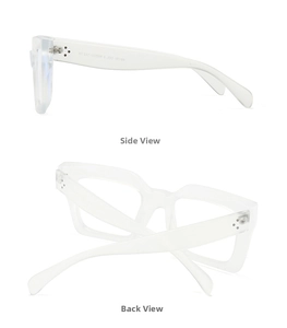Detail view showing transparent square frame sunglasses with 3-dot rivets and side temples