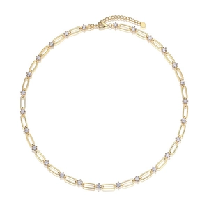 Golden paperclip link necklace with white zircon stones and small heart pendant charm
