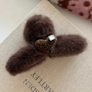 Brown faux fur heart hair claw clip with leopard print and crystal detail
