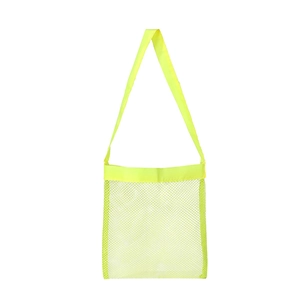 Detail view of large fluorescent green mesh beach bag with durable shoulder straps