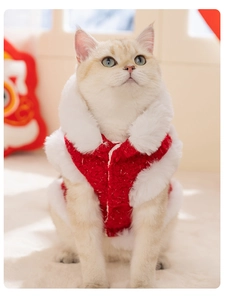 Detail of warm red festive pet vest with white faux fur lining for cats and dogs