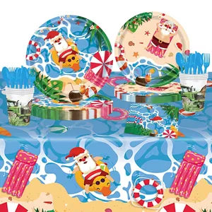 Christmas beach party tableware set with tropical palm leaves and Santa patterns