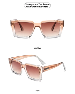 Detail view of rectangular sunglasses with transparent tea frame and gradient lenses