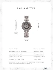 Detailed measurement parameters of the fashion quartz watch with diamond accents