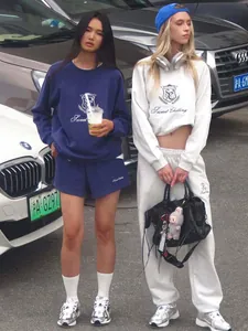Women Retro Cotton Sweatshirt And Pants Letter Embroidery Round Neck Streetwear Casual Style