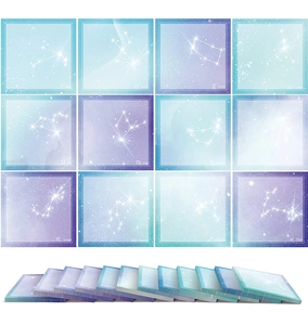 Detail view of 12 celestial zodiac themed sticky notes with purple and blue gradients