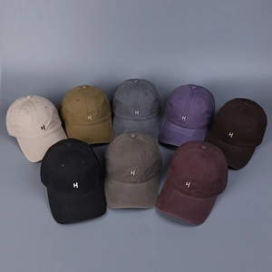 Variety of washed cotton baseball caps with metal H embroidery in 8 vintage colors