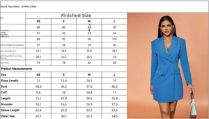 Size chart detail for V-neck long sleeve cutout blazer jacket showing precise measurements