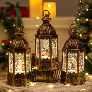 Vintage bronze Christmas lanterns with Santa, snowman and red truck LED snow globe scenes